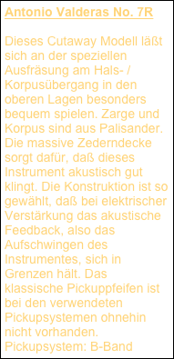 Antonio Valderas No. 7R
Dieses Cutaway Modell läßt sich an der speziellen Ausfräsung am Hals- /Korpusübergang in den oberen Lagen besonders bequem spielen. Zarge und Korpus sind aus Palisander. Die massive Zederndecke sorgt dafür, daß dieses Instrument akustisch gut klingt. Die Konstruktion ist so gewählt, daß bei elektrischer Verstärkung das akustische Feedback, also das Aufschwingen des Instrumentes, sich in Grenzen hält. Das klassische Pickuppfeifen ist bei den verwendeten Pickupsystemen ohnehin nicht vorhanden. Pickupsystem: B-Band