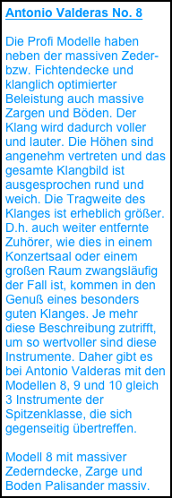 Antonio Valderas No. 8
Die Profi Modelle haben neben der massiven Zeder- bzw. Fichtendecke und klanglich optimierter Beleistung auch massive Zargen und Böden. Der Klang wird dadurch voller und lauter. Die Höhen sind angenehm vertreten und das gesamte Klangbild ist ausgesprochen rund und weich. Die Tragweite des Klanges ist erheblich größer. D.h. auch weiter entfernte Zuhörer, wie dies in einem Konzertsaal oder einem großen Raum zwangsläufig der Fall ist, kommen in den Genuß eines besonders guten Klanges. Je mehr diese Beschreibung zutrifft, um so wertvoller sind diese Instrumente. Daher gibt es bei Antonio Valderas mit den Modellen 8, 9 und 10 gleich 3 Instrumente der Spitzenklasse, die sich gegenseitig übertreffen.
Modell 8 mit massiver Zederndecke, Zarge und Boden Palisander massiv.
