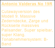 Antonio Valderas No 19R
Cutawayversion des Modell 9. Massive Zederndecke, Zarge und Rückseite massives Palisander. Super spielbar, super Klang. Tonabnehmersystem: B-Band 