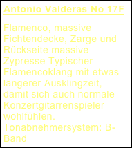 Antonio Valderas No 17F
Flamenco, massive Fichtendecke, Zarge und Rückseite massive Zypresse Typischer Flamencoklang mit etwas längerer Ausklingzeit, damit sich auch normale Konzertgitarrenspieler wohlfühlen. Tonabnehmersystem: B-Band 
